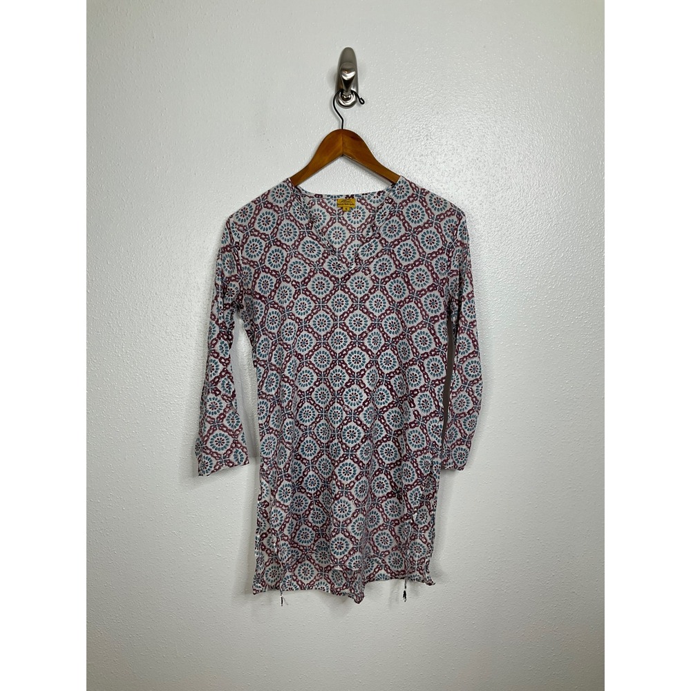 Roberta Roller Rabbit Cotton‎ Kurta Tunic Top Block Print Medallion Purple Small